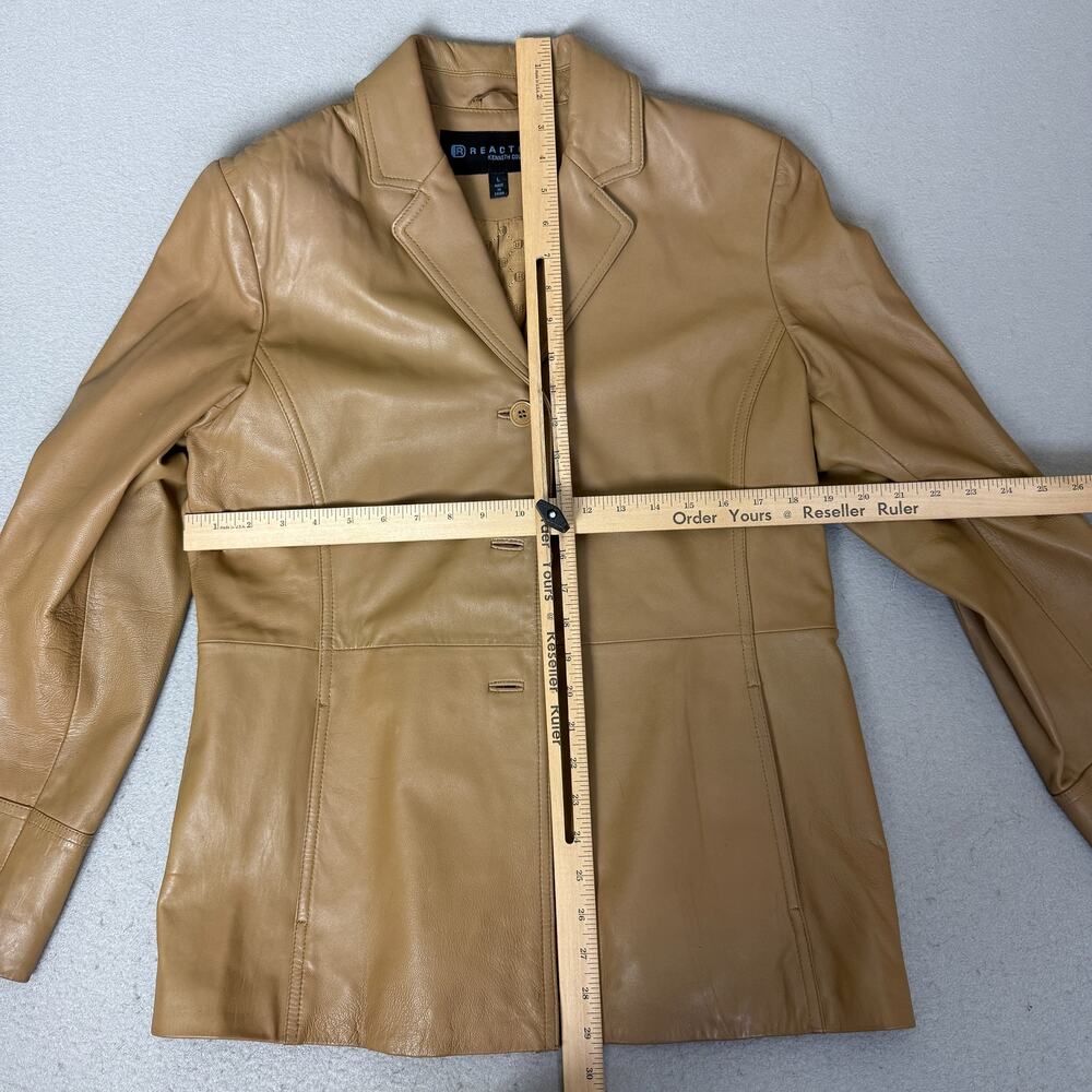 Reaction Kenneth Cole Women L Tan 100% Leather Blazer Jacket Button Lined - Picture 3 of 6
